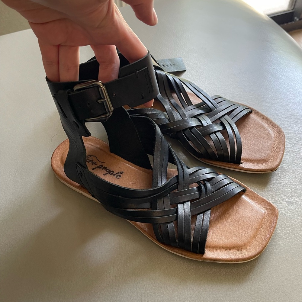 Free People Black Woven Ankle Buckle Flat Sandals